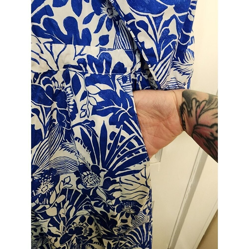J McLaughlin Size XL Evalyn Shirt Dress Garden Walk Blue White Floral Hawaiian - Picture 7 of 7